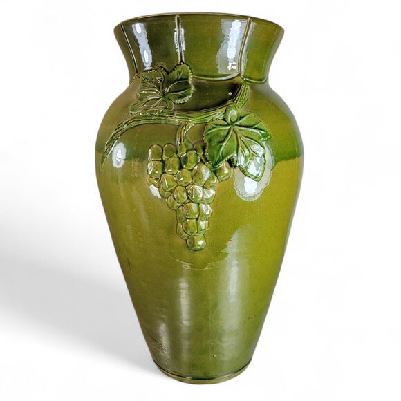 Vintage J. Willfred Green Ceramic Vase With Raised Grape Design Large 19.5" Tall - Picture 1 of 10